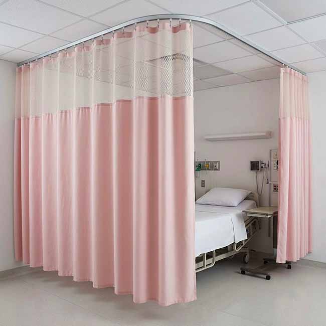 Rèm che giường bệnh ngăn phòng màu hồng nhạt có lưới thoáng khí phía trên