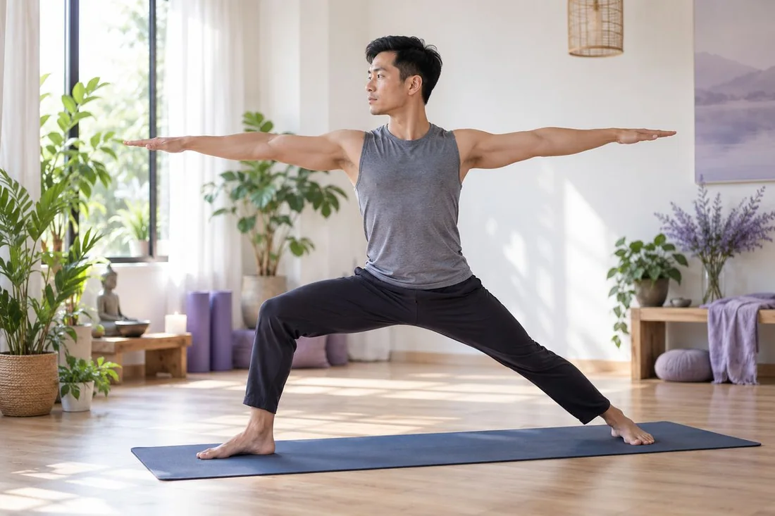 Người tập ở tư thế cây trên thảm yoga, một tay vịn nhẹ vào tường, ánh nắng sớm chiếu vào phòng