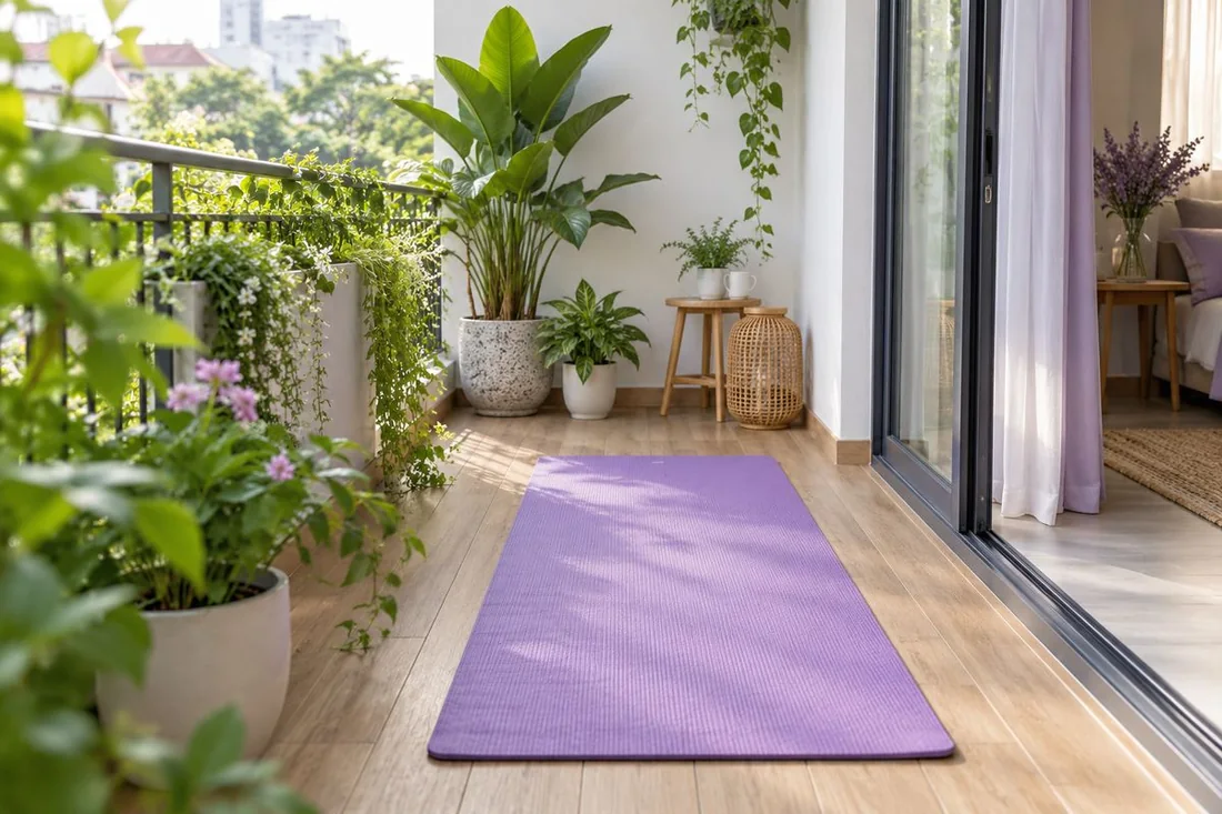 Tay cầm khăn microfiber lau mặt thảm yoga cao su màu tím than trải trên sàn gỗ